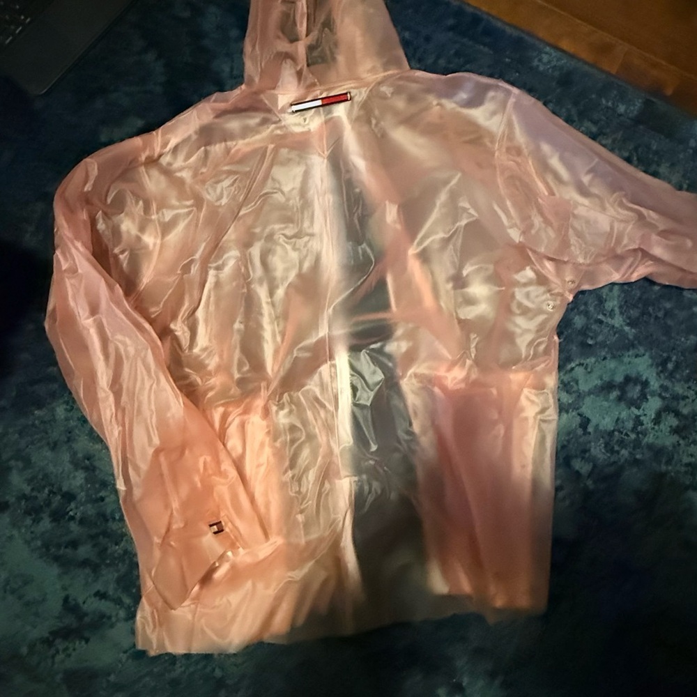 Rare Vintage Tommy Hilfiger Sheer Pink Hooded Rain Coat